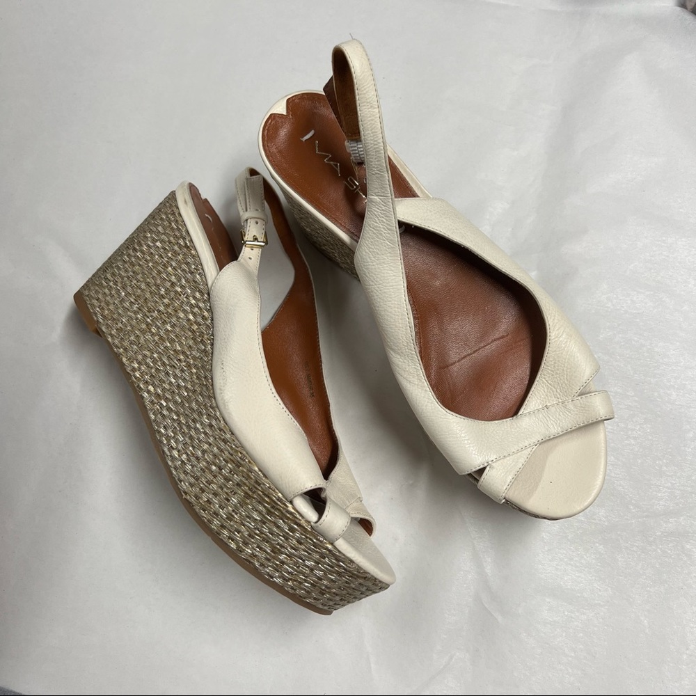 Via Spiga Light cream leather ankle strap wedge espadrille sandals